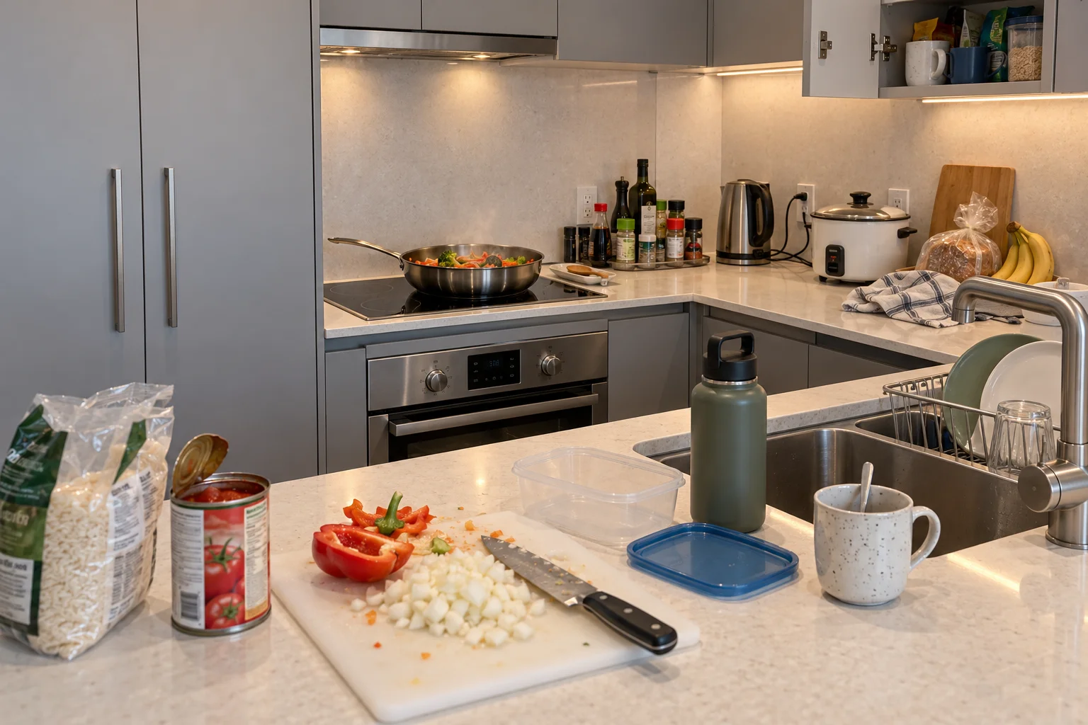 AI reference: dinner preparation in a modern kitchen